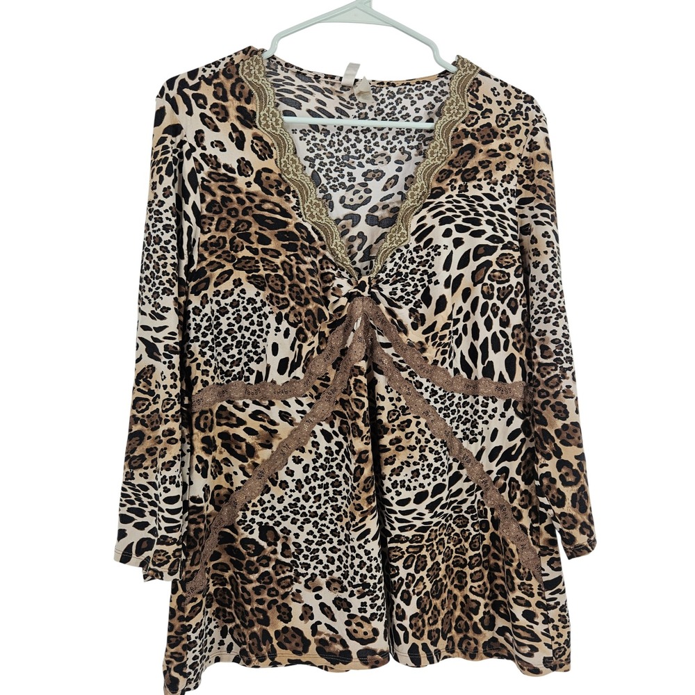 Vintage y2k Cheetah Leopard Fairy Top Brown Lace Trim V-Neck 3/4 Sleeve Tunic